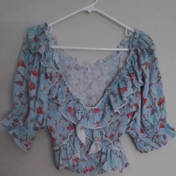 Free People Blue and White Floral Ruffled Blouse - Picture 4 of 5